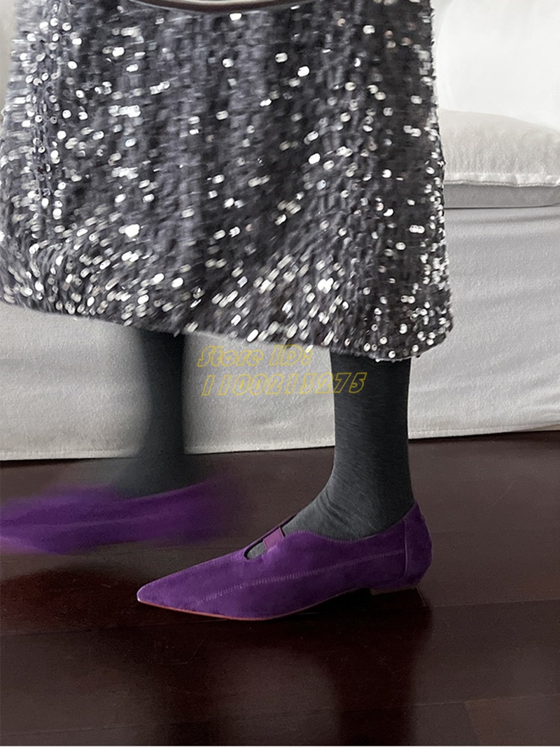 Women Shoes For Winter - รองเท้าส้นแบนหัวแหลมสีม่วงหนังกลับแบบสวม งานแฮนด์เมด ภาพจริง สำหรับสุภาพสตรี ฤดูใบไม้ร่วง ฤดูหนาว