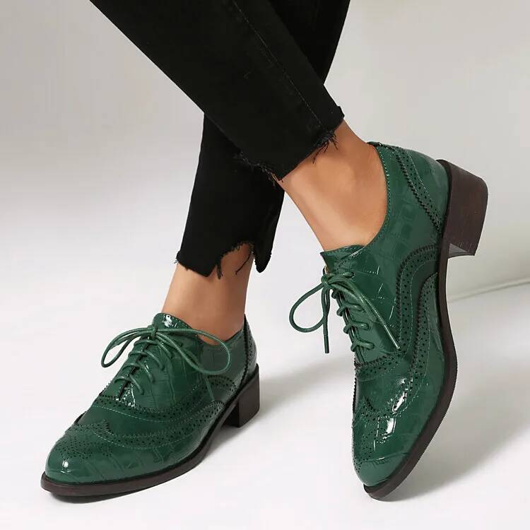 Oxford Lace Up Women - รองเท้าส้นเตี้ยแบบผูกเชือก รองเท้าผู้หญิงหัวมน สไตล์อังกฤษ ลำลอง ใส่ทำงานได้