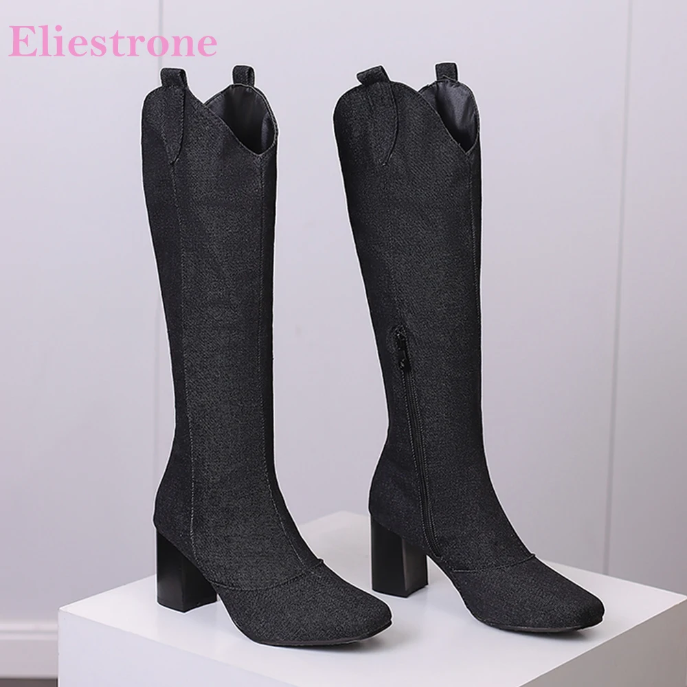Women'S Shoes In Size 12 - ฤดูหนาวใหม่สีดําสีฟ้าผู้หญิงเข่าสูงรองเท้าขี่ร้อนรอบ Toe รองเท้าส้นสูง Lady Casual รองเท้าขนาดใหญ่ขนาด