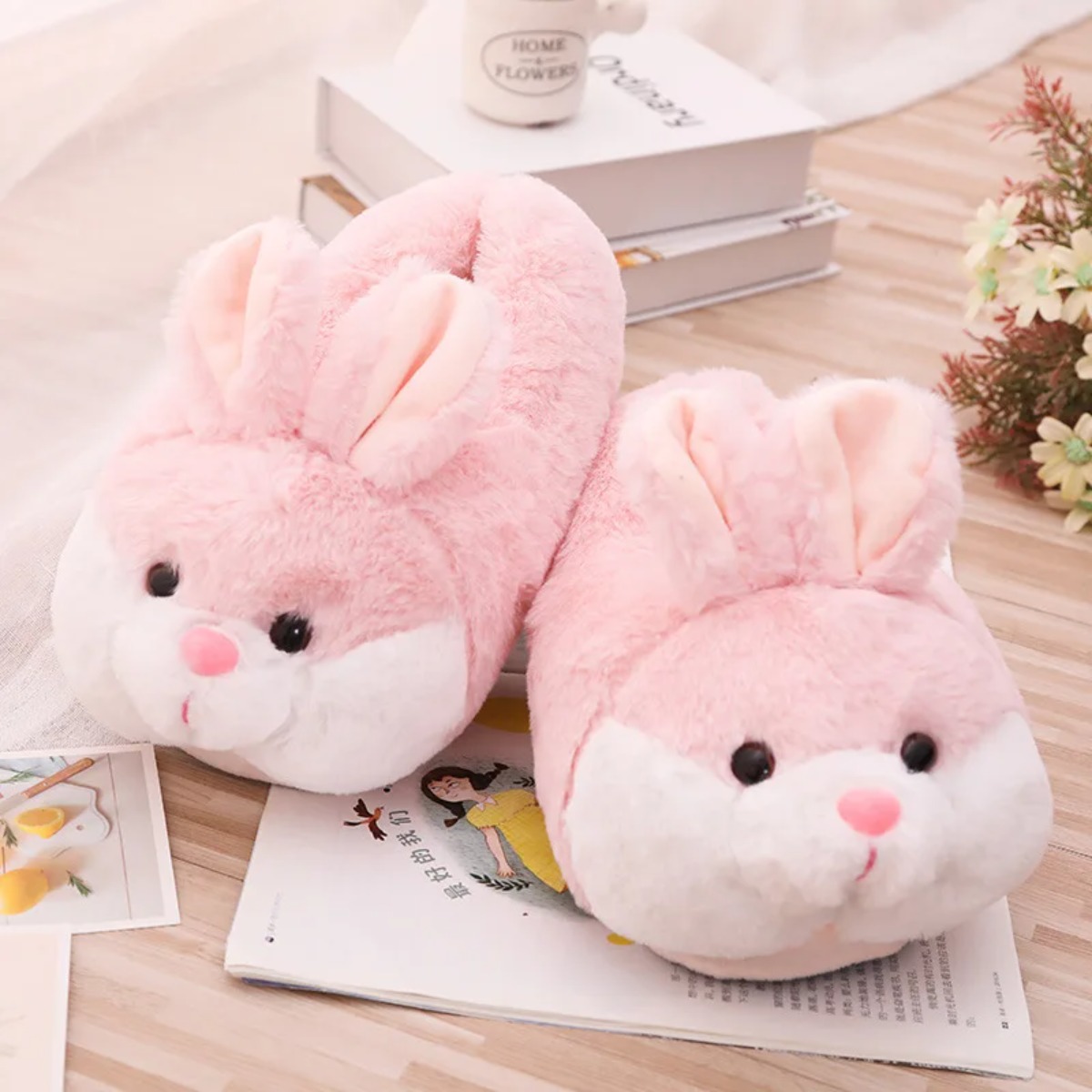 Women Shoes For Winter - รองเท้าแตะขนสัตว์สำหรับผู้หญิง สไตล์ลำลอง น่ารัก ดีไซน์กระต่าย 3 มิติ
