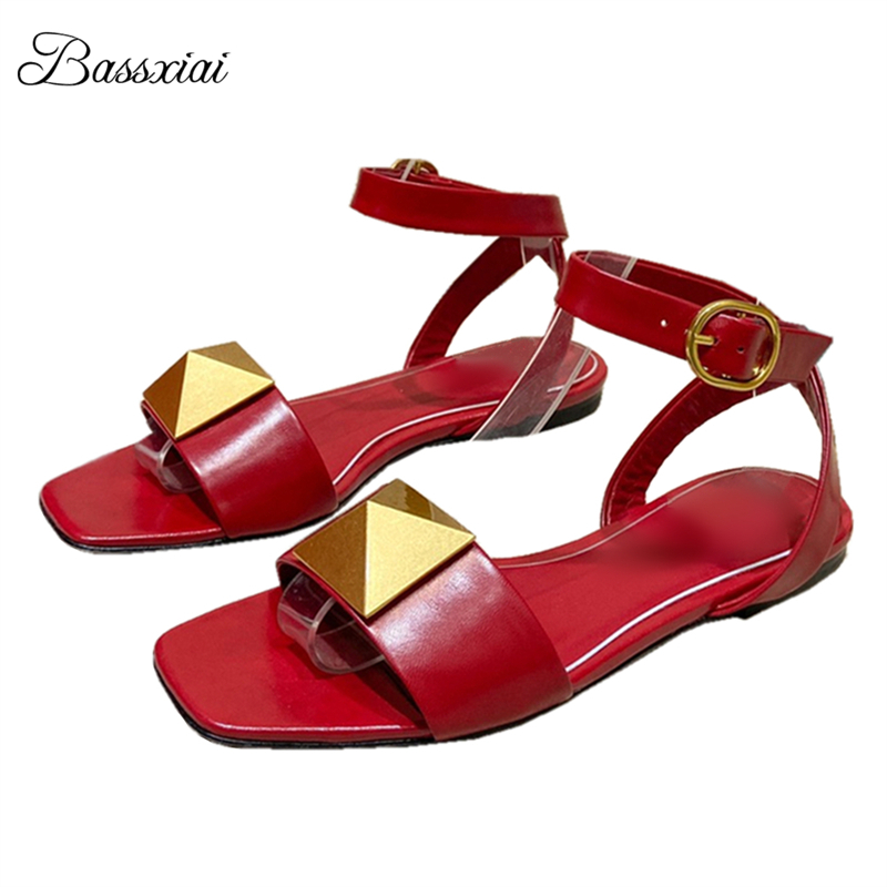 Women'S Shoes Big Feet - Big Rivet BUCKLE Decor รองเท้าแตะสําหรับสาวผู้หญิงสายรัดข้อเท้าส้นแบนของแท้หนัง Outwear