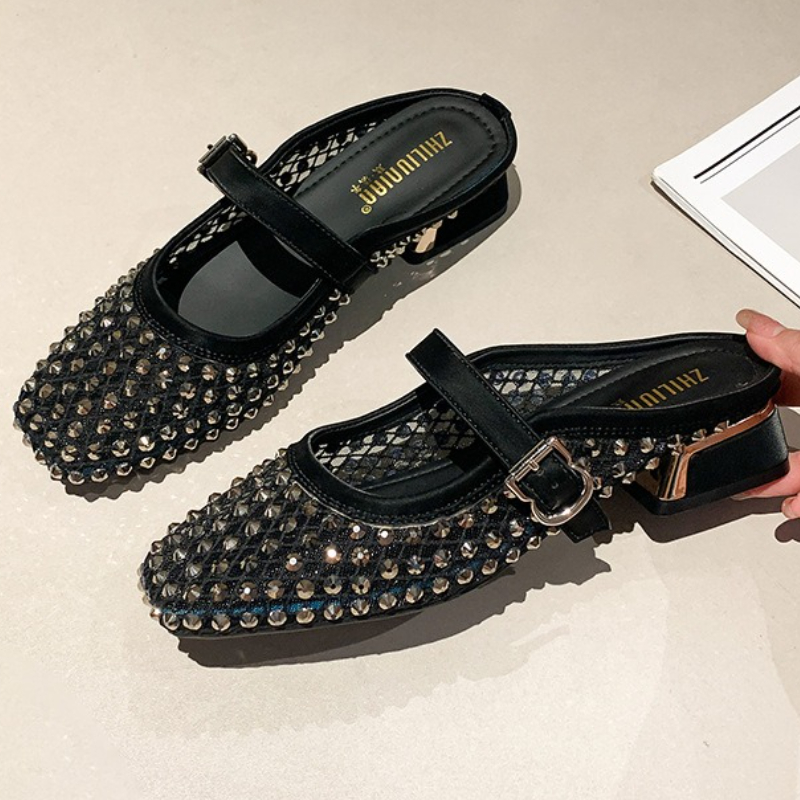 Women Shoes Sandals - รองเท้าแตะส้นหนาประดับเพชรตาข่าย ระบายอากาศดี แฟชั่นฤดูร้อน รองเท้าสไลด์หัวเหลี่ยมสำหรับผู้หญิง