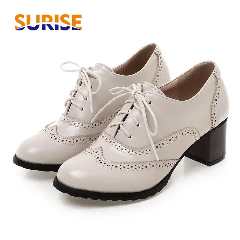 Oxford Lace Up Women - รองเท้าอ็อกซ์ฟอร์ดส้นตึกทรงวิงทิปส์ สีเบจ สีดำ หัวกลม สไตล์บรอก สำหรับผู้หญิงอังกฤษ
