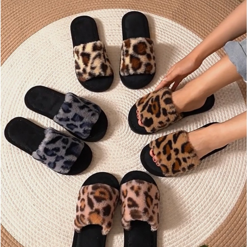 Women Shoes For Winter - รองเท้าแตะขนเฟอร์ลายเสือดาวสำหรับฤดูหนาวปี 2025 นุ่ม อุ่น น้ำหนักเบา ส้นแบน