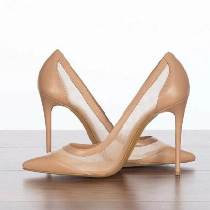 Women'S Shoes In Size 12 - รองเท้าส้นสูงแบบสวม ส้นบาง สีชมพู ดำ หนังกลับ แต่งผ้าตาข่าย