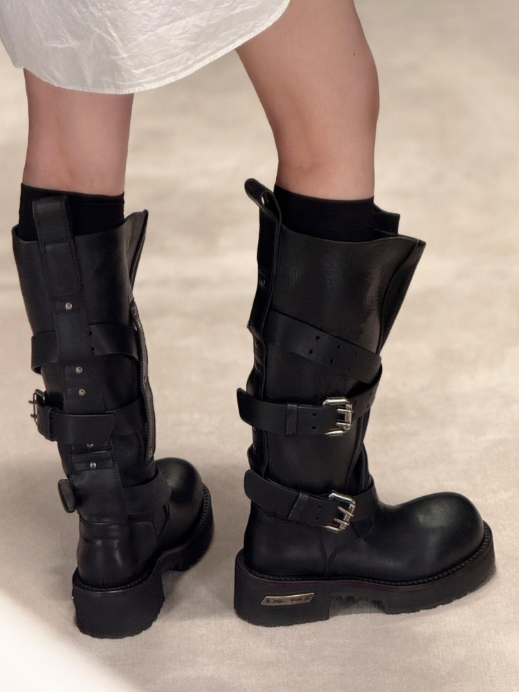 Women'S Shoes Paris - รองเท้าบูทหนังสีดำแบบมีหัวเข็มขัด รองเท้าบูทมอเตอร์ไซค์แฟชั่นปารีส รองเท้าบูทยาวทรงย้อนยุค รองเท้าบูทสูงถึงเข่า สไตล์เรโทร วินเทจ