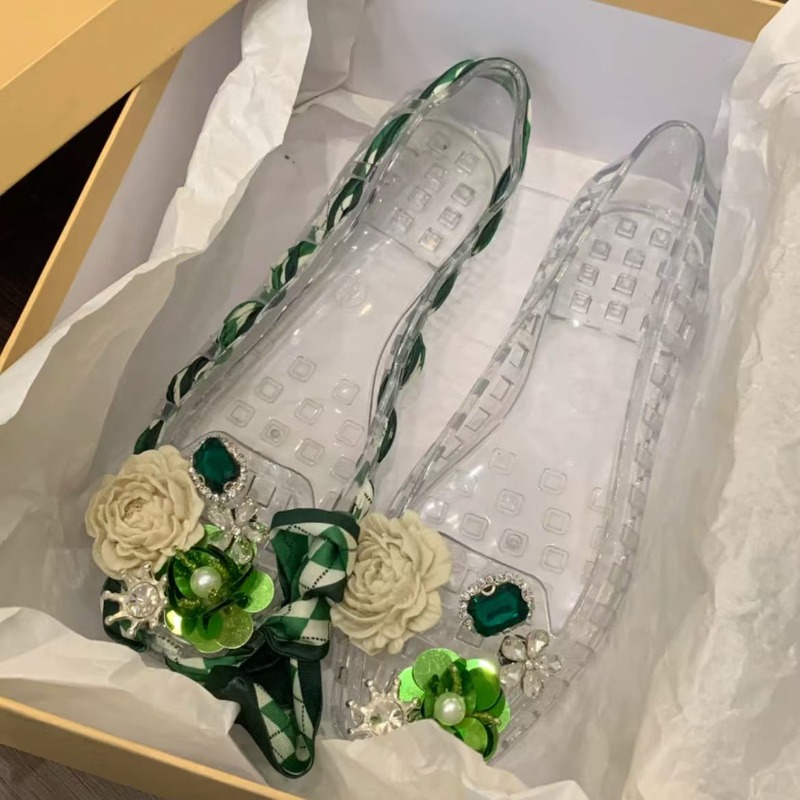 Women Shoes Sandals - รองเท้าแตะเปิดนิ้วเท้าทรงสี่เหลี่ยมสไตล์ใหม่พร้อมรองเท้าสไตล์เยลลี่รองเท้า DlY ดอกไม้ทําด้วยมือด้วยคริสตัลและ Nettin