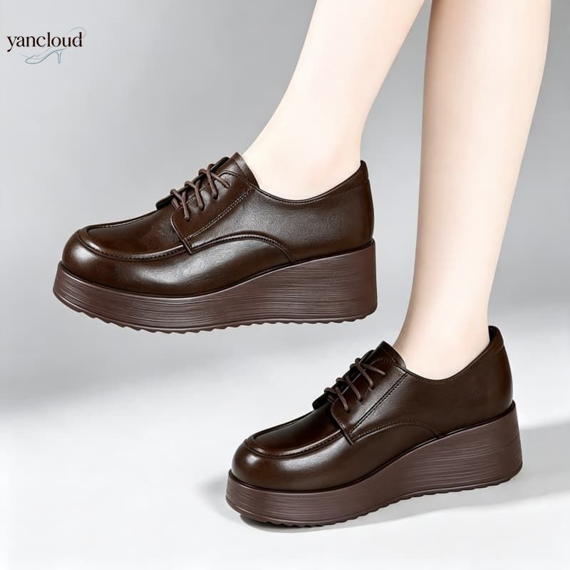 Oxford Lace Up Women - รองเท้าหนังนุ่มสวมใส่สบาย ความสูง 6 ซม. แบบหัวลึก รองเท้าส้นเตารีดสำหรับผู้หญิง