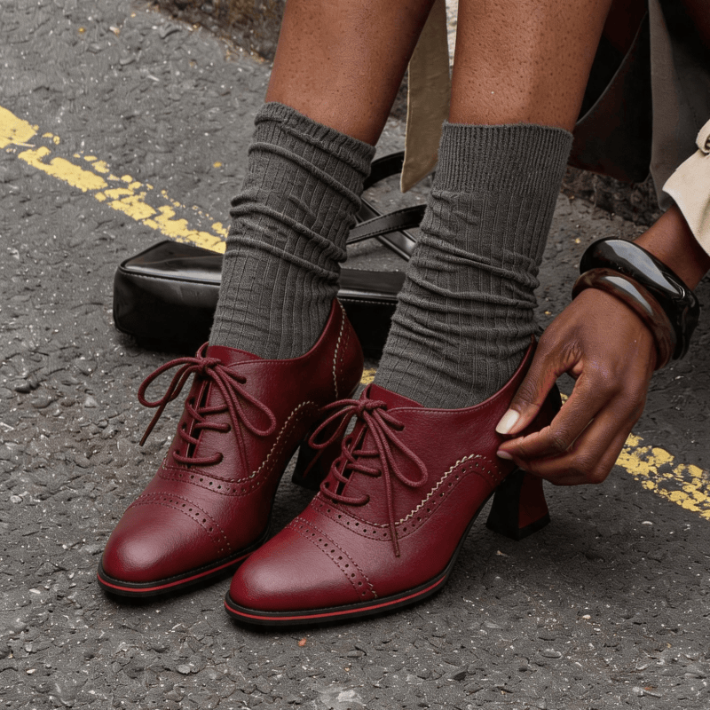 Oxford Lace Up Women - รองเท้าส้นเตี้ยหนังเทียมสำหรับผู้หญิง ส้นเตี้ยทรงบล็อก รองเท้าอ็อกซ์ฟอร์ดแบบเป็นทางการ สไตล์เรโทรสไตล์อังกฤษ รองเท้าแบบปิดนิ้วเท้า รองเท้าผูกเชือกสำหรับทำงานในสำนักงาน