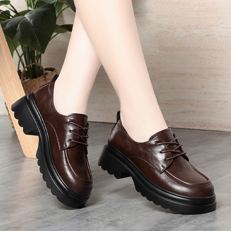 Oxford Lace Up Women - รองเท้าหนังนิ่มทรงอ็อกซ์ฟอร์ดแบบวินเทจ 5 ซม. สำหรับผู้หญิง ฤดูใบไม้ร่วง 2025