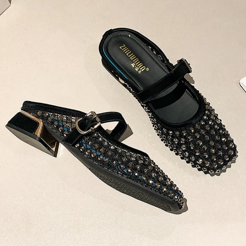 รองเท้าแตะส้นหนาประดับเพชรตาข่ - Women Shoes Sandals บทวิจารณ์และราคา